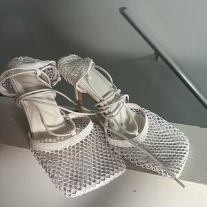 Miss Lola White Mesh Lace-Up Heeled Sandals